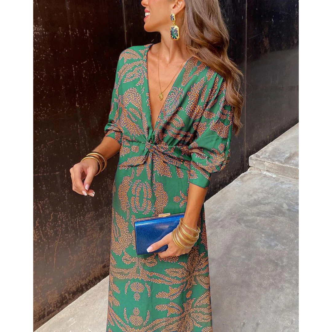 Boho elegance dress in green with gold pattern, V-neck, belted waist, midi length