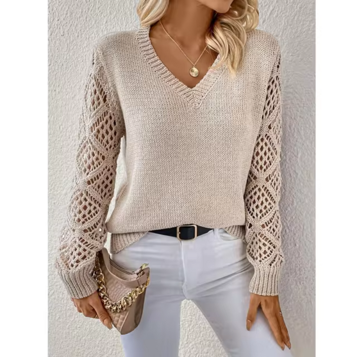 Beige V-neck knitted pullover with ribbed trim and openwork sleeves