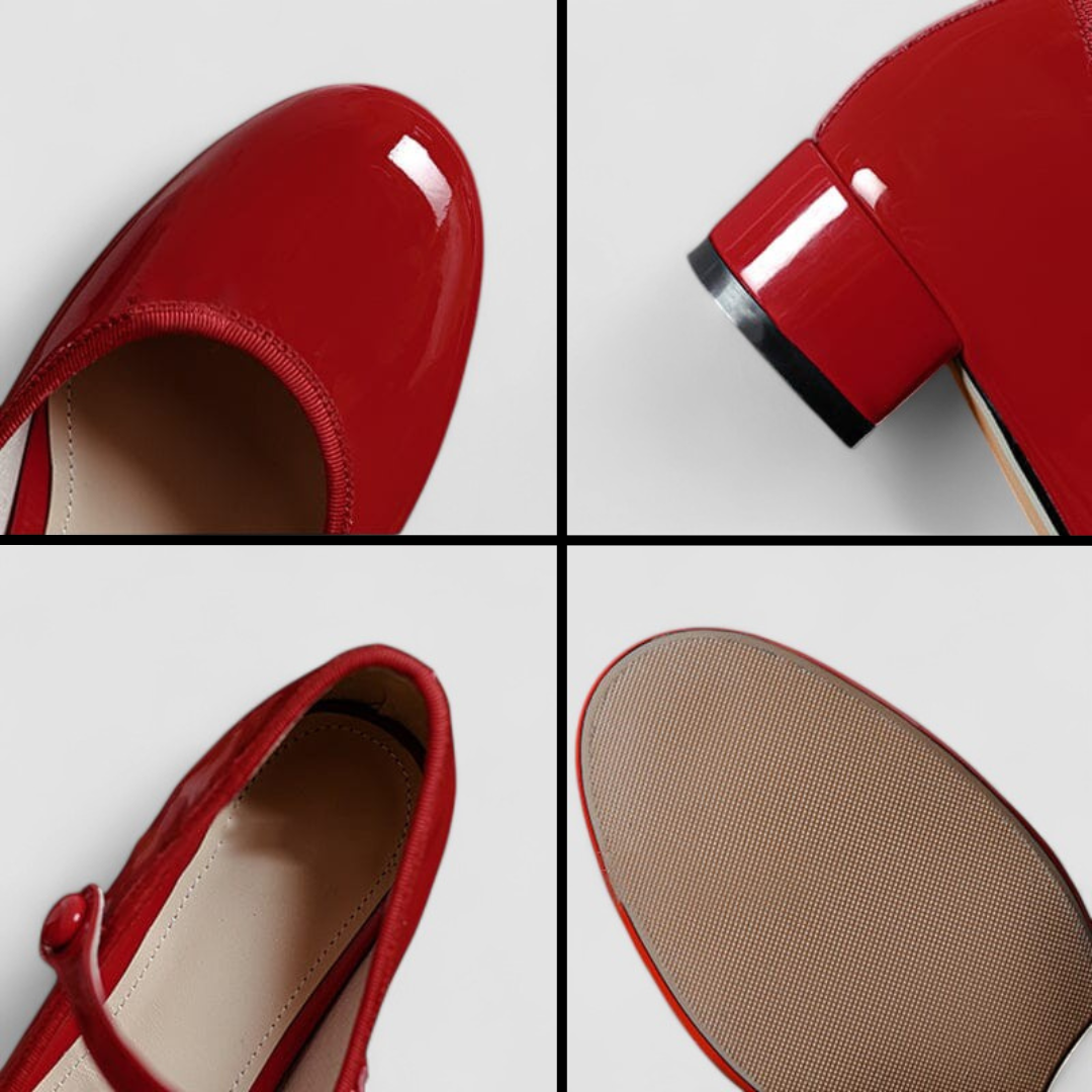 Red Mary Jane shoes close-up: glossy toe, chunky heel, textured sole
