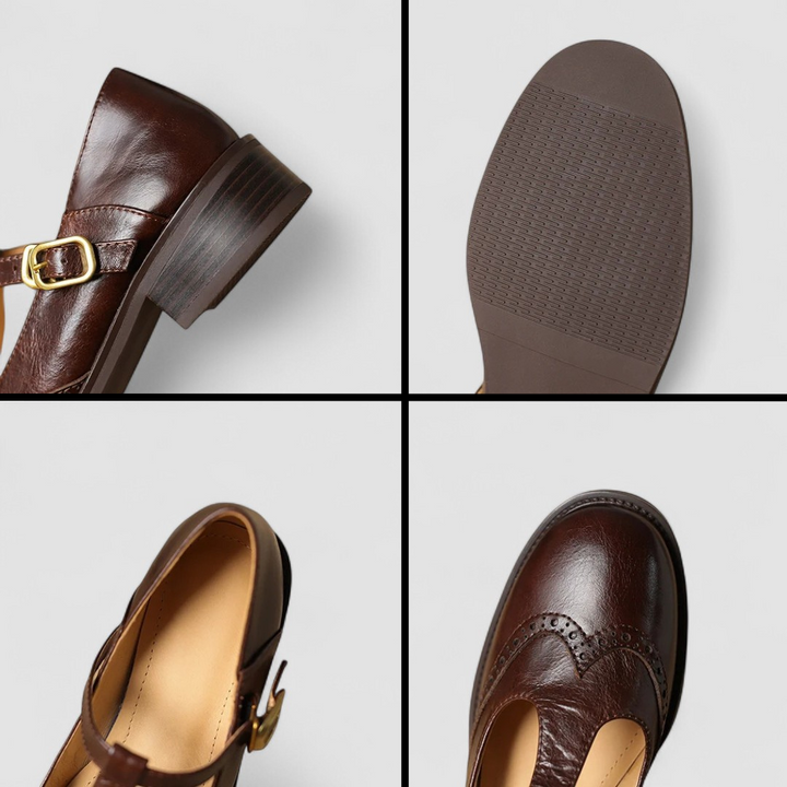 Orthopedic Mary Jane shoe outsole and side view, brown leather-look with buckle strap
