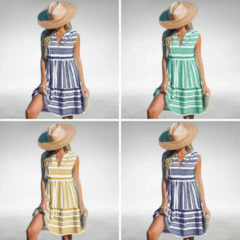 Sleeveless V-neck tiered dress with geometric stripe print, green/blue/yellow
