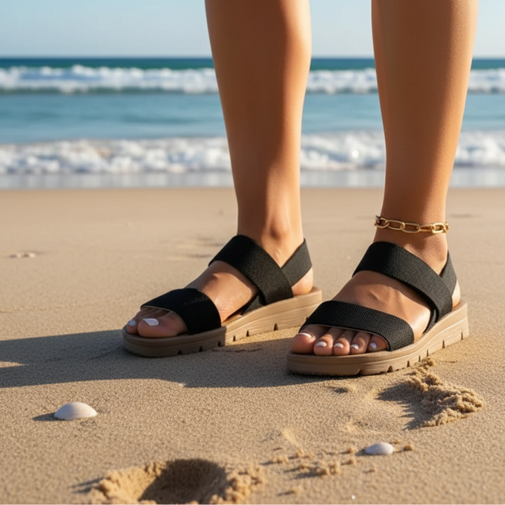 Black orthopedic sandals worn with open-toe design and thick cushioned sole