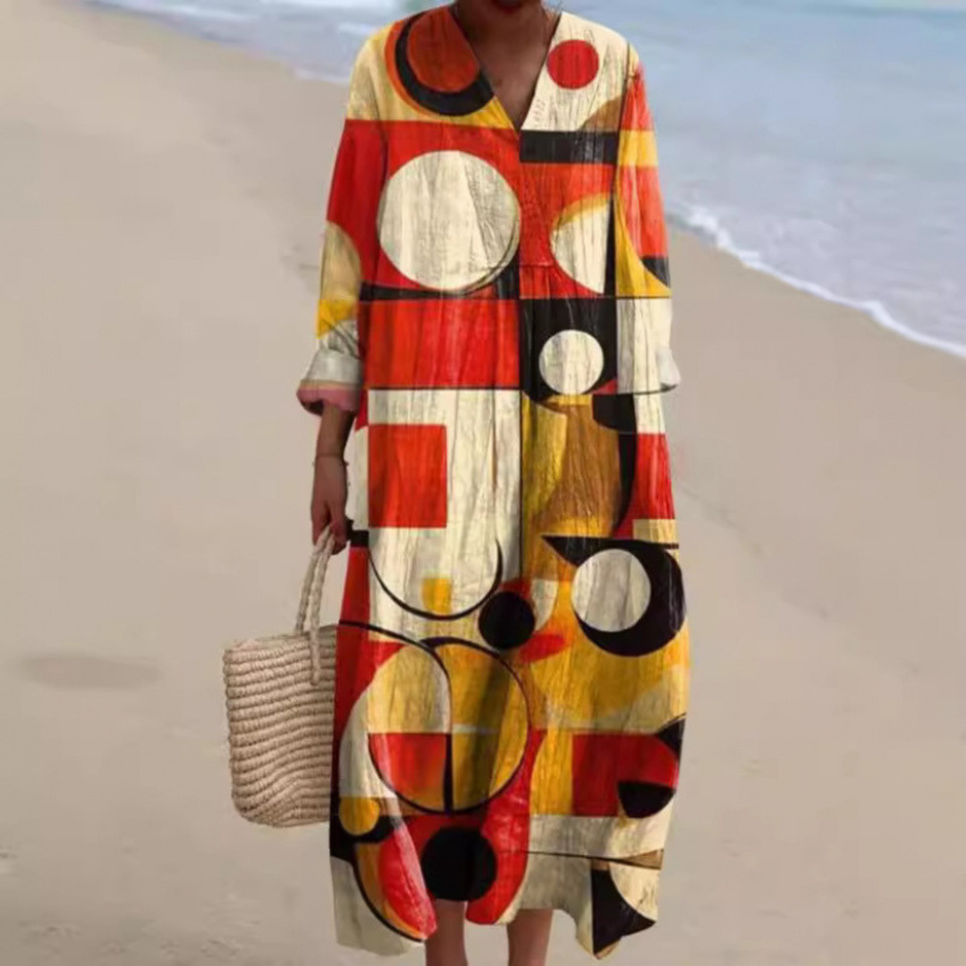 Marley Sunet summer dress with colorful geometric circles and squares, loose fit, collared