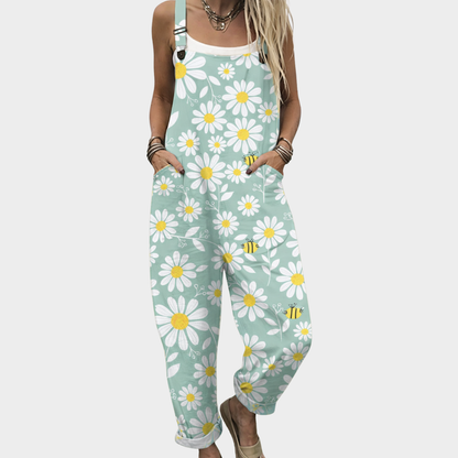 Floral printed overalls, mint blue with daisy pattern, bib straps and front pocket