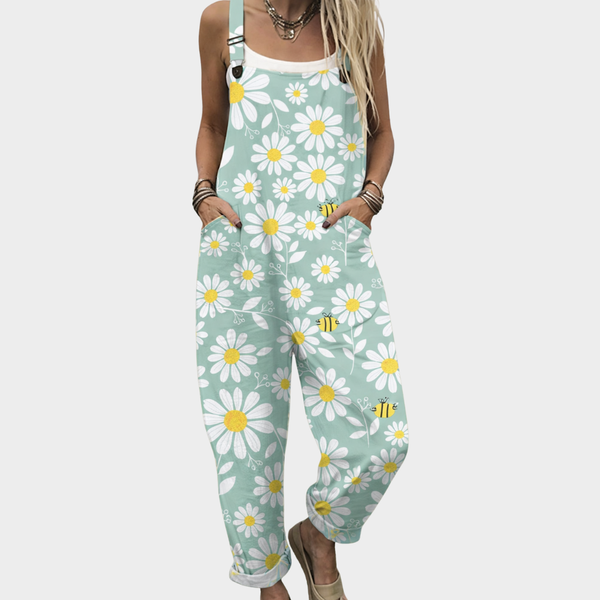 Floral printed overalls, mint blue with daisy pattern, bib straps and front pocket
