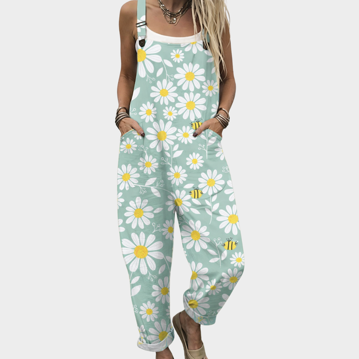Floral printed overalls, mint blue with daisy pattern, bib straps and front pocket