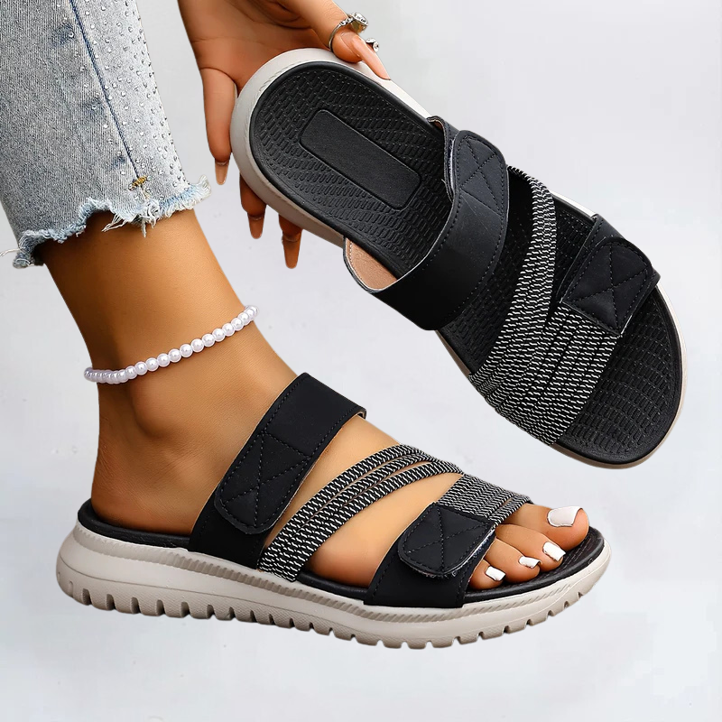 Marvella orthopaedic sandals, black slip-on with hook-and-loop straps and textured sole