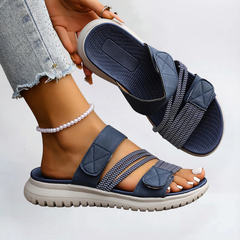 Marvella orthopaedic sandals, navy slip-on with hook-and-loop straps and textured sole