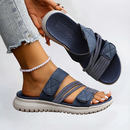 Marvella orthopaedic sandals, navy slip-on with hook-and-loop straps and textured sole