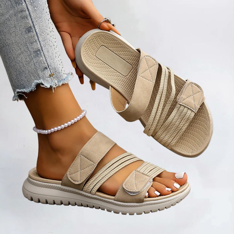 Marvella orthopaedic sandals, tan slip-on with hook-and-loop straps and textured sole