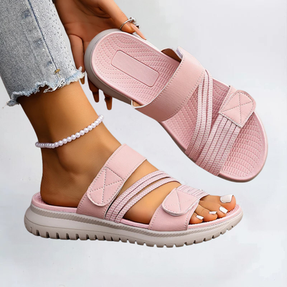 Marvella orthopaedic sandals, pink slip-on with hook-and-loop straps and textured sole