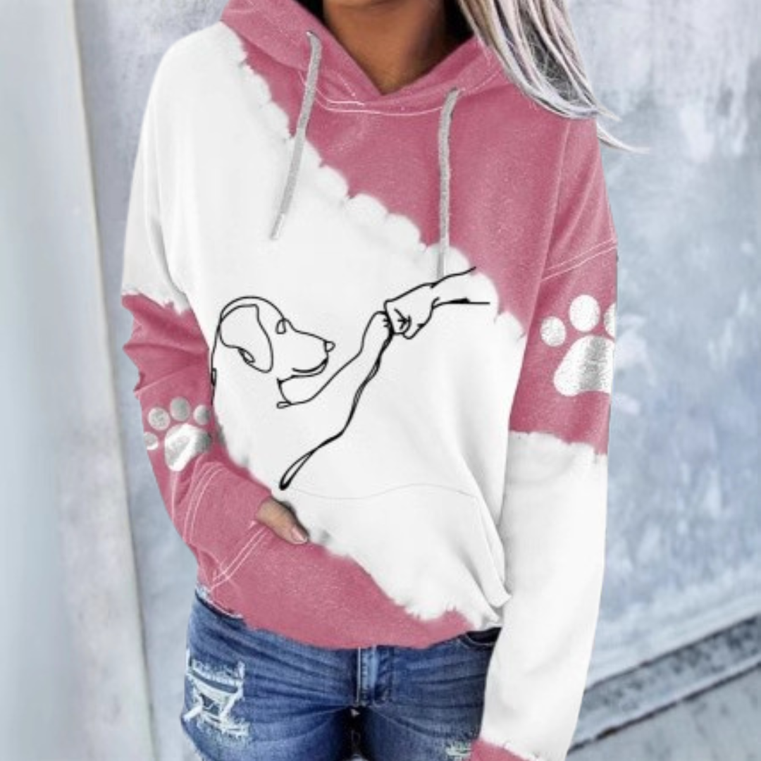 Pink and white dog graphic pet hoodie with pouch pocket, drawstring hood, paw-print sleeve accents