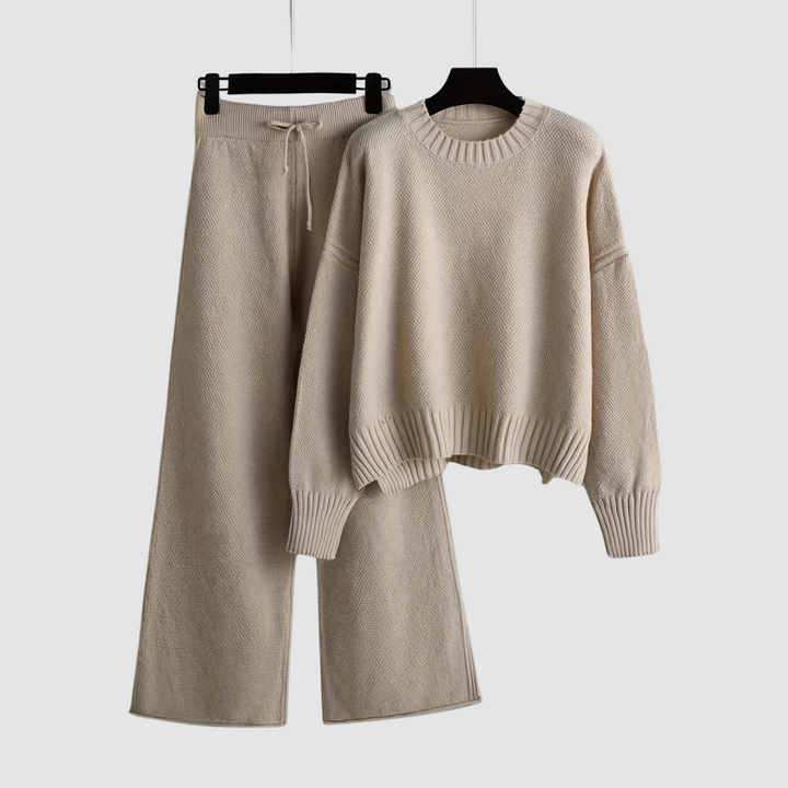 Cream knit sweater and wide-leg trousers loungewear set