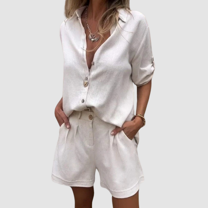 Lightweight summer set in white: button-front top and relaxed shorts