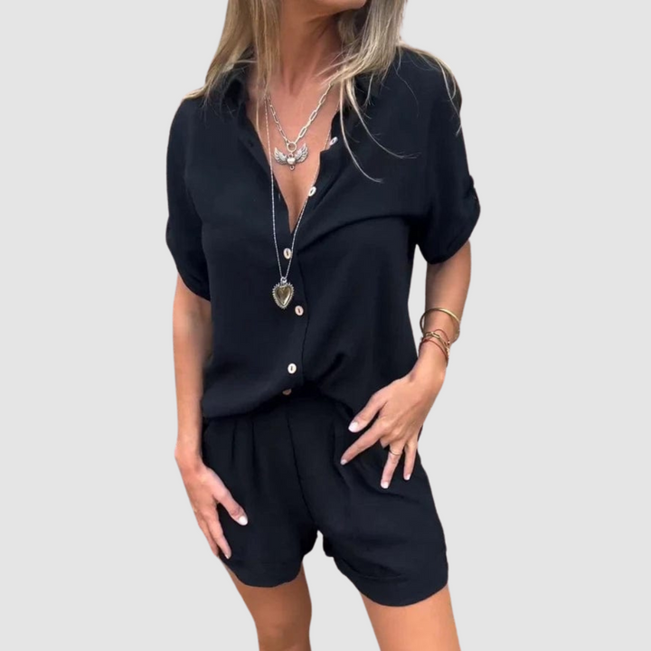 Lightweight summer set in black: button-front top and relaxed shorts