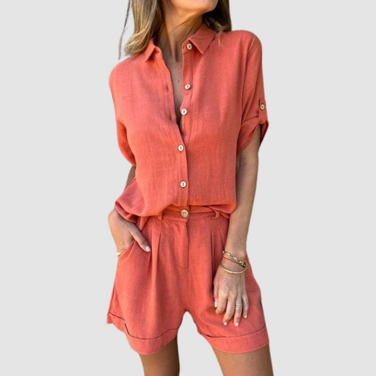 Lightweight summer set in red: button-front top and relaxed shorts