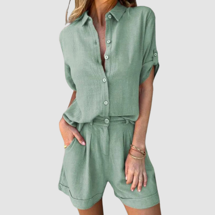 Lightweight summer set in green: button-front top and relaxed shorts