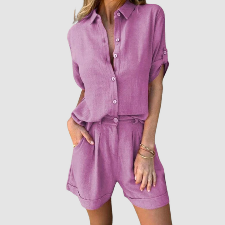 Lightweight summer set in purple: button-front top and relaxed shorts