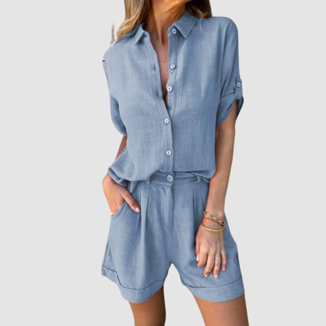 Lightweight summer set in blue: button-front top and relaxed shorts