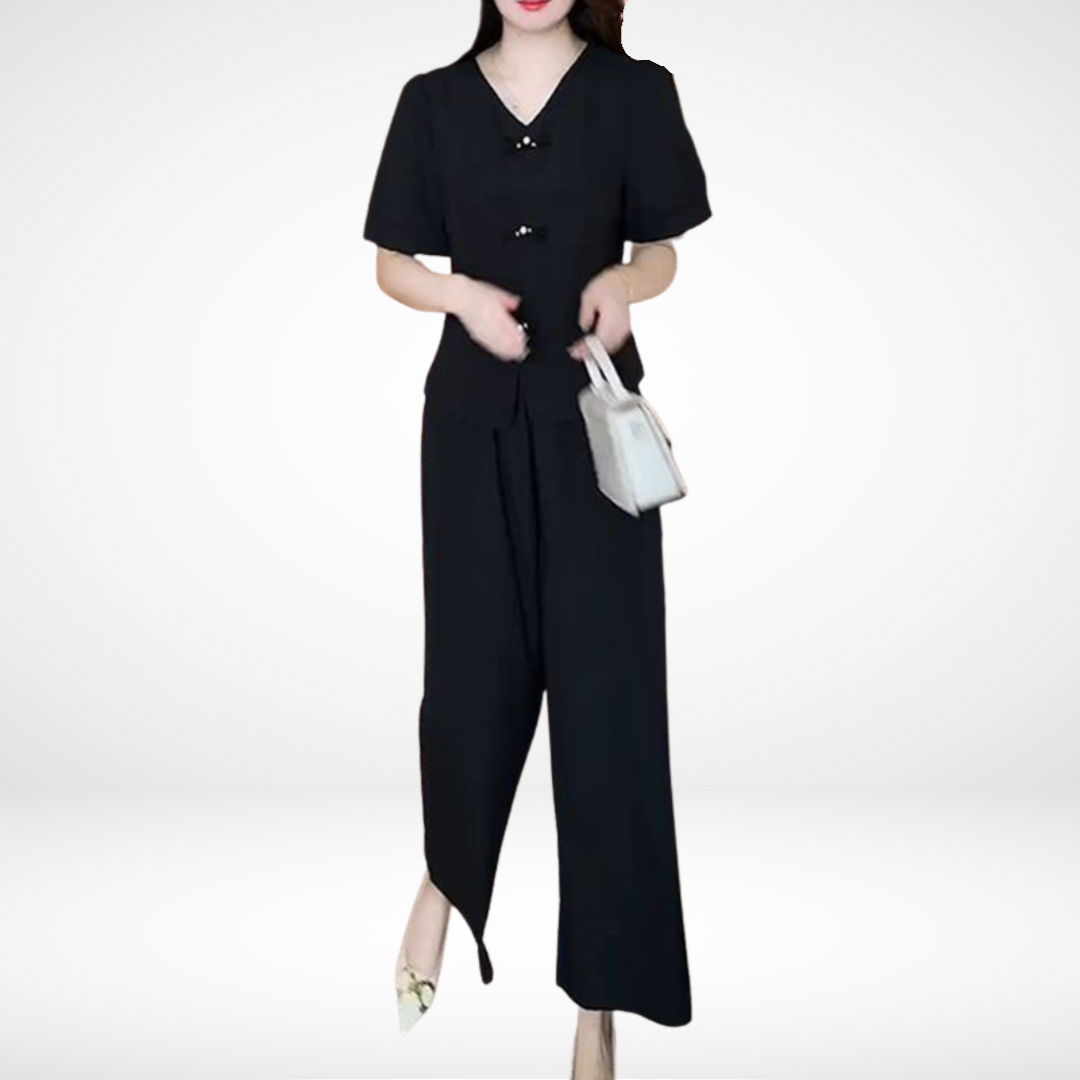 Black V-neck short-sleeve top and wide-leg pants two-piece set, front view