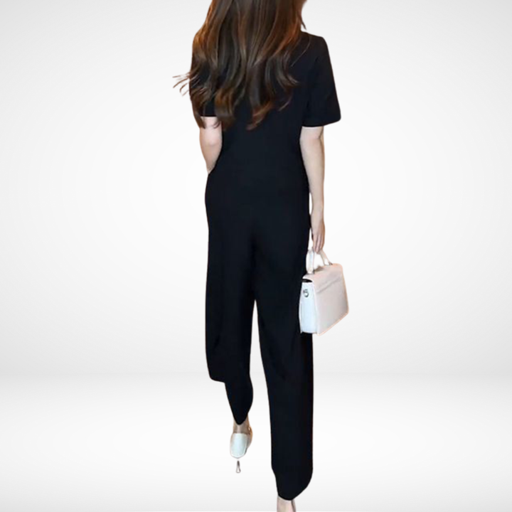 Black V-neck short-sleeve top and wide-leg pants two-piece set, back view