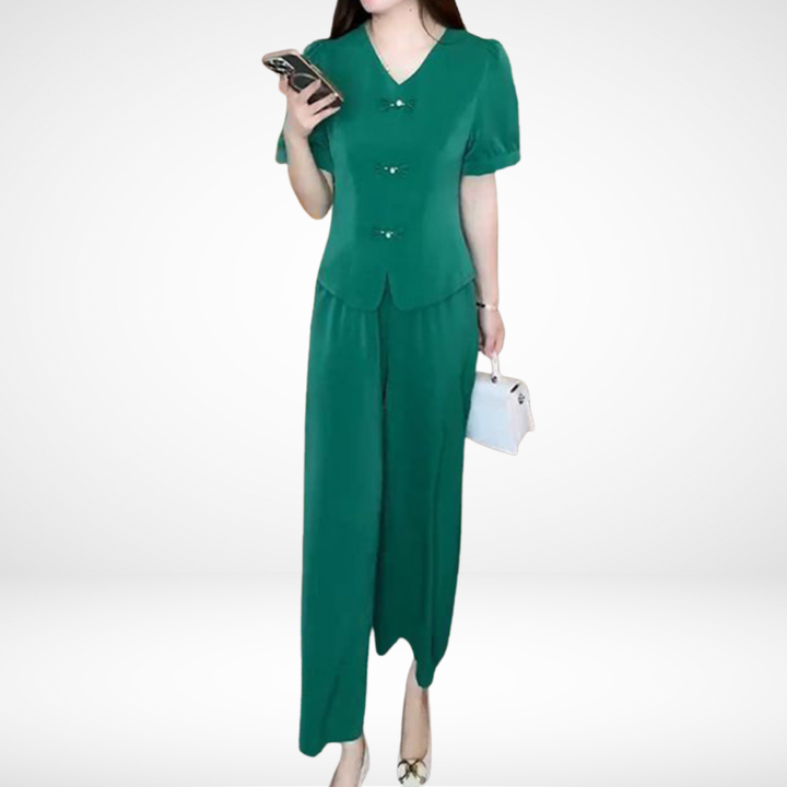 Green V-neck short-sleeve top and wide-leg pants two-piece set, front view