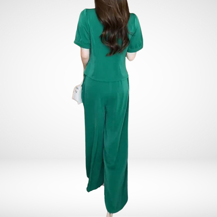 Green V-neck short-sleeve top and wide-leg pants two-piece set, back view