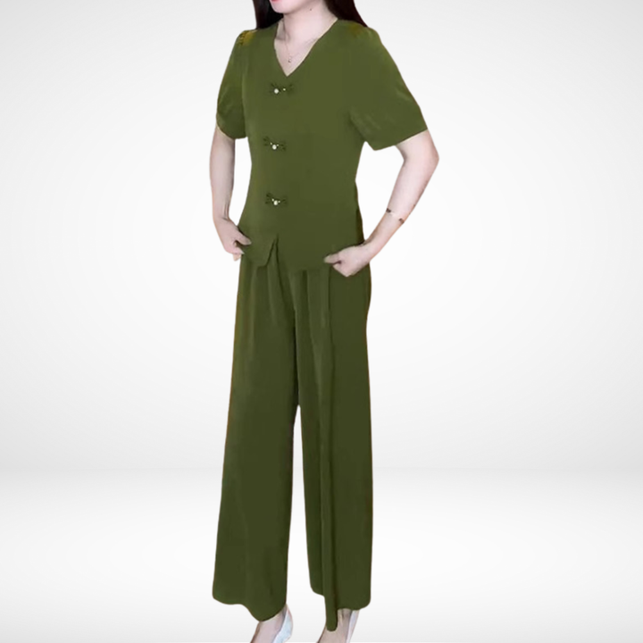 Dark green V-neck short-sleeve top and wide-leg pants two-piece set, front view