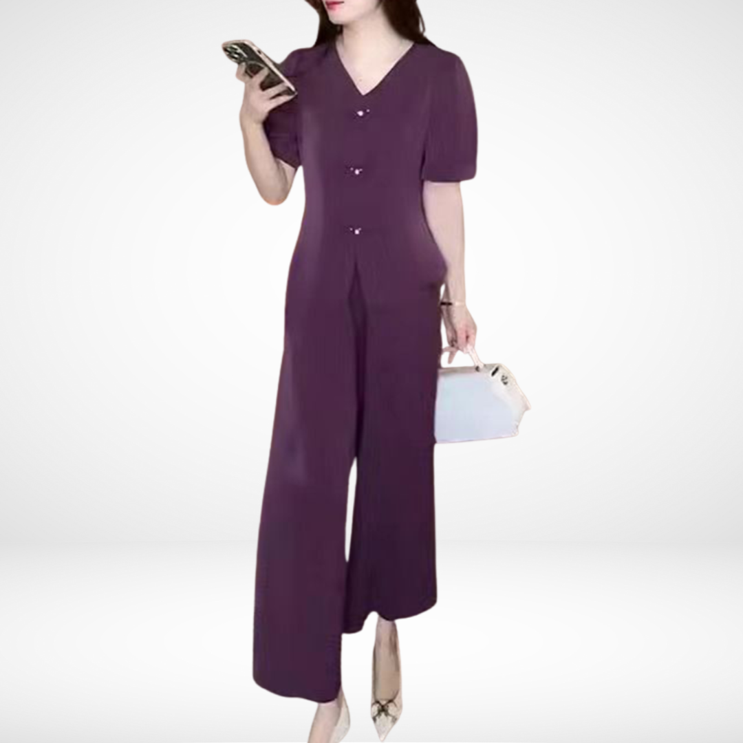 Purple V-neck short-sleeve top and wide-leg pants two-piece set, front view