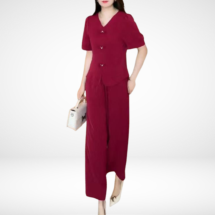 Burgundy V-neck short-sleeve top and wide-leg pants two-piece set, front view