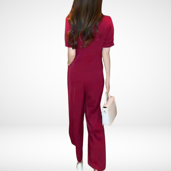 Burgundy V-neck short-sleeve top and wide-leg pants two-piece set, back view