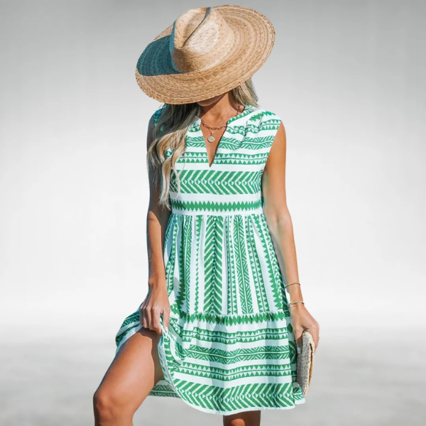 Green sleeveless V-neck tiered dress with geometric stripe print