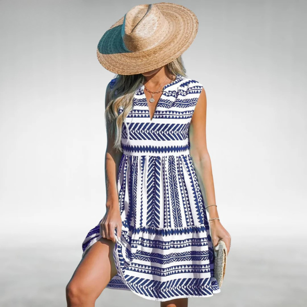 Blue sleeveless V-neck tiered dress with geometric stripe print