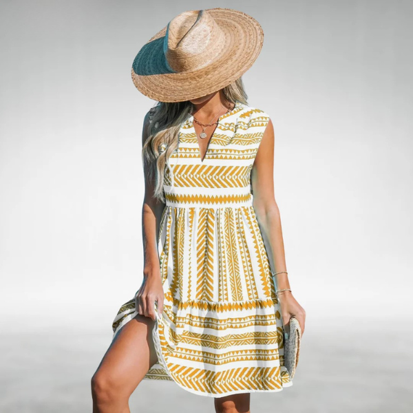 Yellow sleeveless V-neck tiered dress with geometric stripe print