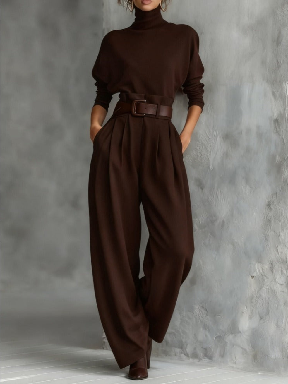 Brown fitted turtleneck top and straight-leg trousers set with wide belt