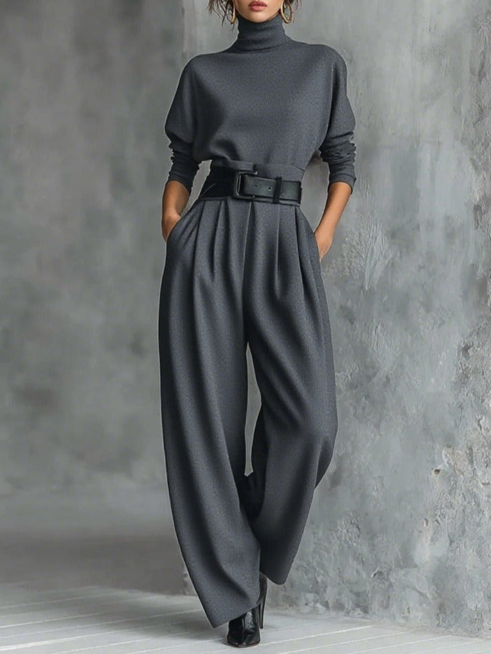 Grey fitted turtleneck top and straight-leg trousers set with wide belt