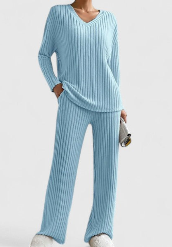 Sky blue ribbed v-neck sweater and wide-leg pants set with long sleeves.