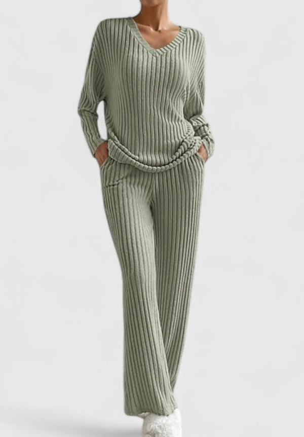 Olive green ribbed v-neck sweater and wide-leg pants set with roomy silhouette.
