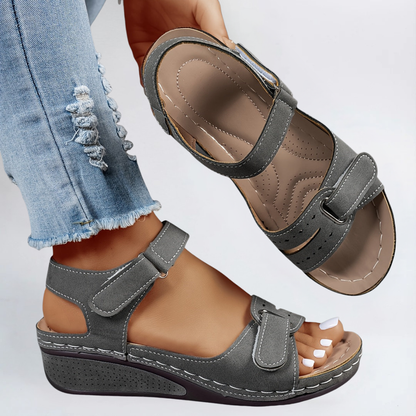 Grey comfort flex orthopedic sandals with two straps and adjustable buckle closure