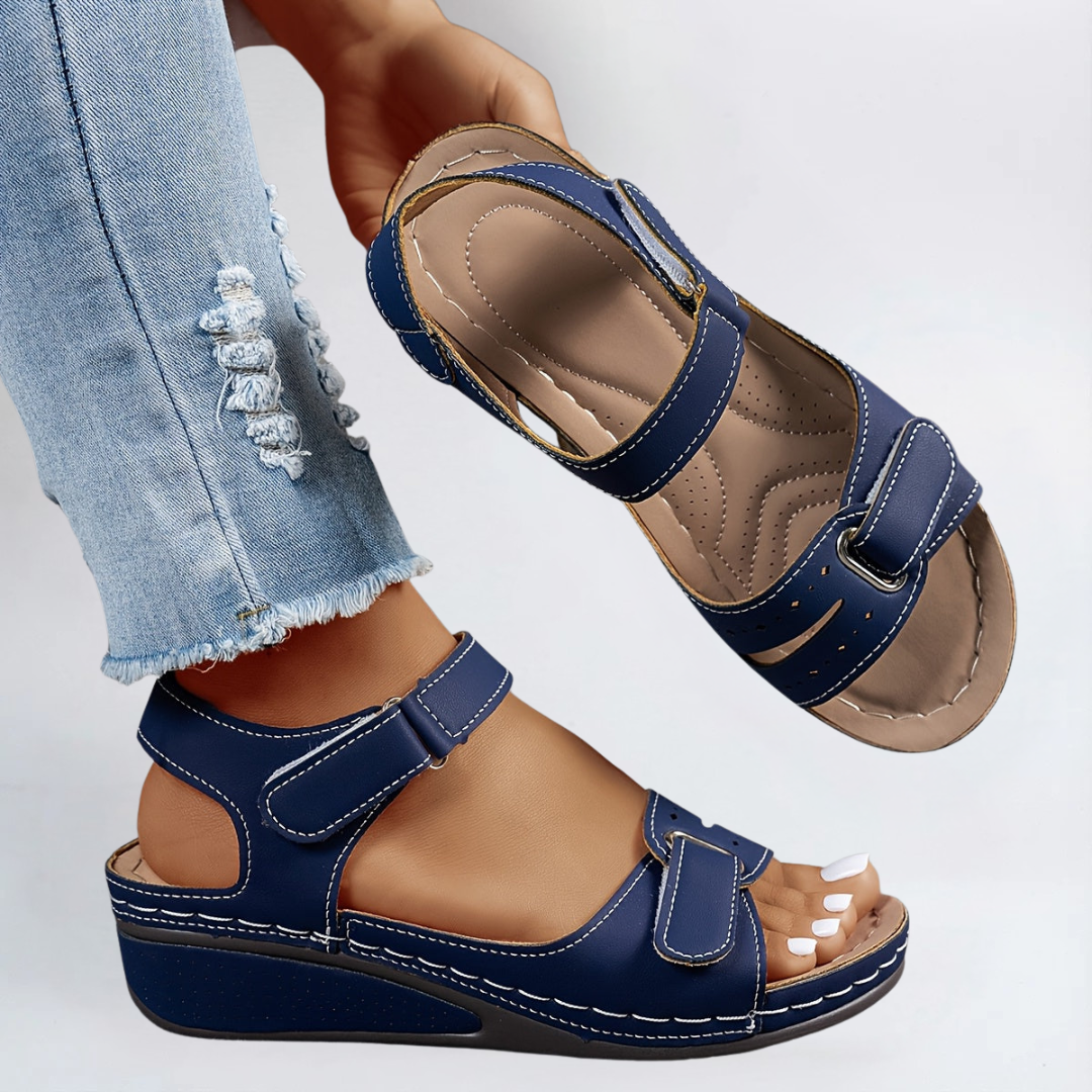 Blue comfort flex orthopedic sandals with two straps and buckled ankle closure