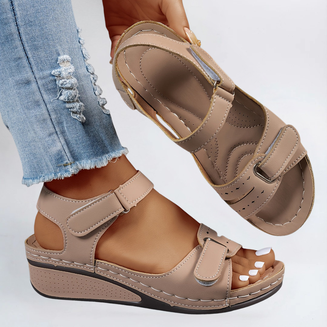 Beige comfort flex orthopedic sandals with two straps and adjustable buckle closure