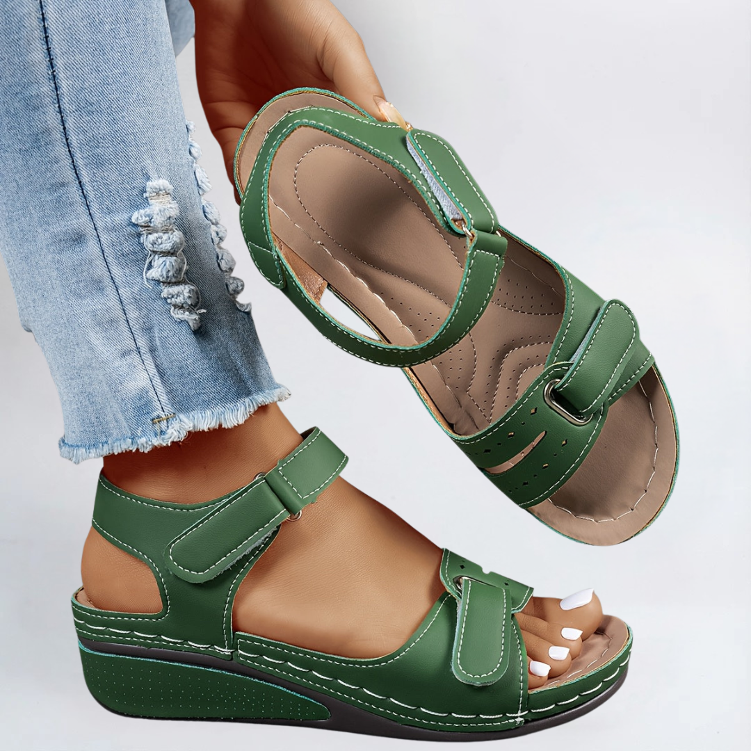 Green comfort flex orthopedic sandals with two straps and adjustable buckle closure