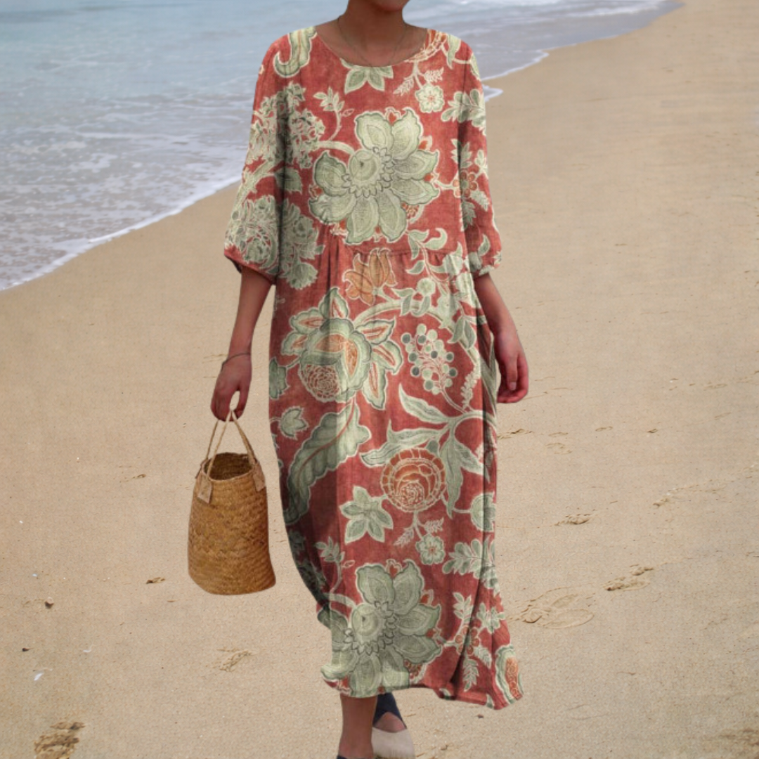 Long floral dress, rust red with sage green, round neckline, elbow sleeves, loose fit
