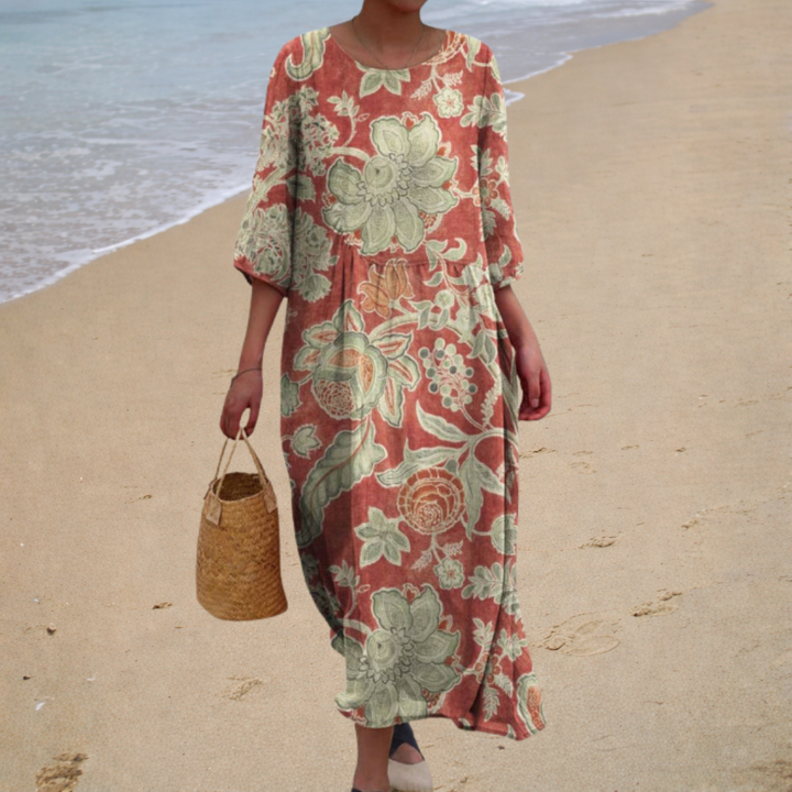 Long floral dress, rust red with sage green, round neckline, elbow sleeves, loose fit