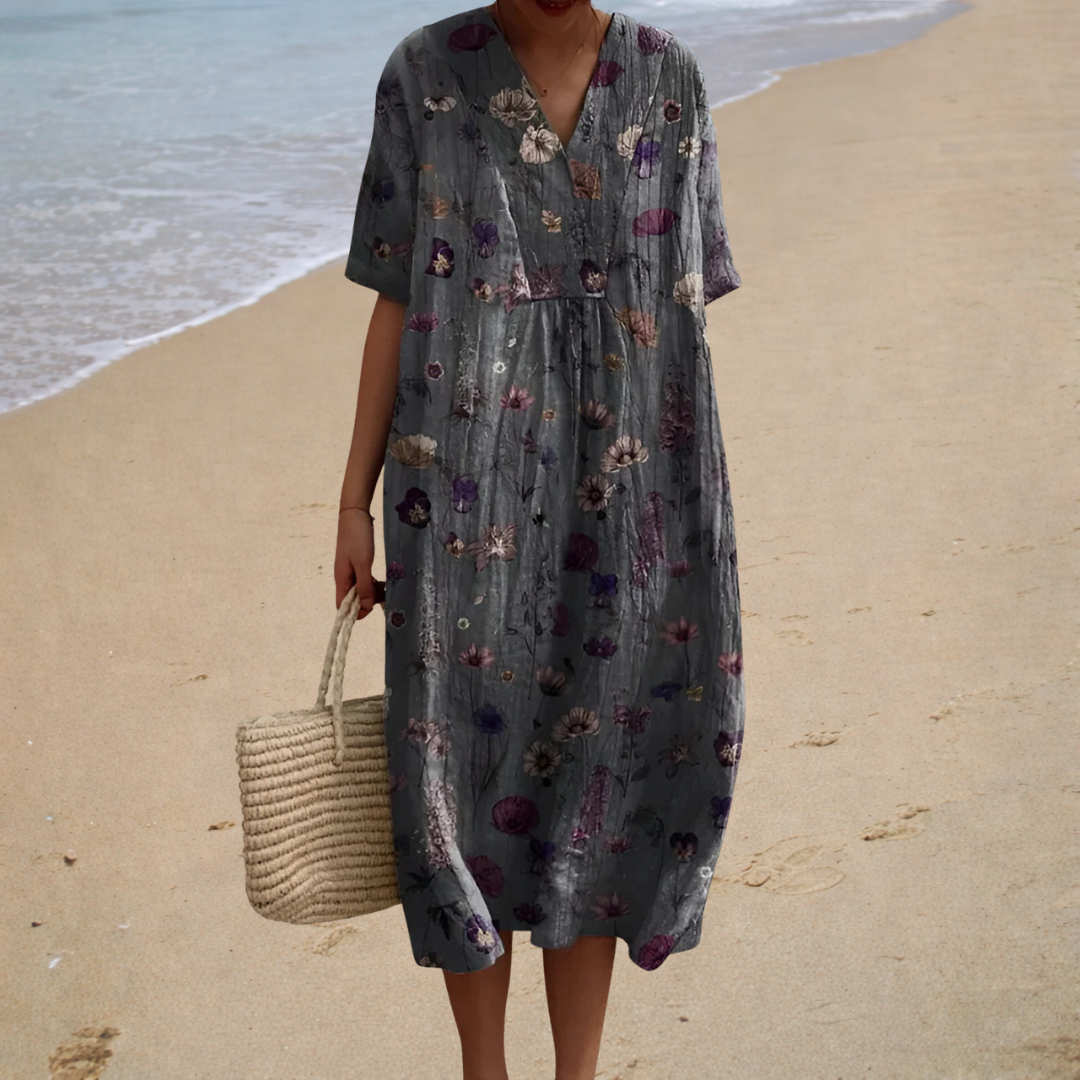 Floral summer dress, dark gray V-neck with short sleeves and gathered waist
