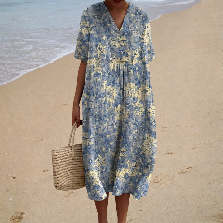 Blue floral summer dress with V-neck, short sleeves, gathered waist