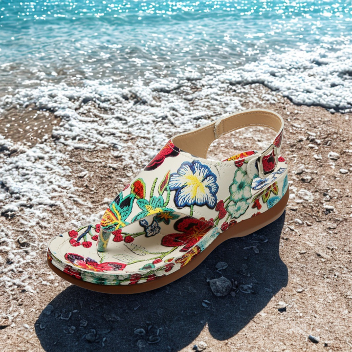 Floral orthopedic comfort slide sandals with open toe and cushioned tan sole
