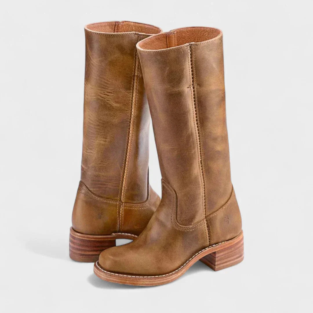 Zoey orthopedic boots, light brown mid-heel pull-on with rounded toe and side gore