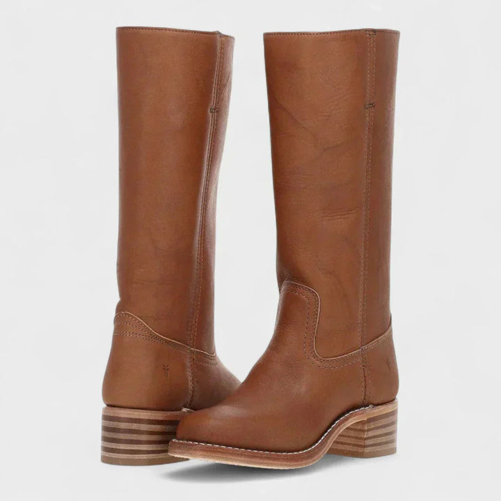 Zoey orthopedic boots, brown tall pull-on with side gore and ridged heel detail