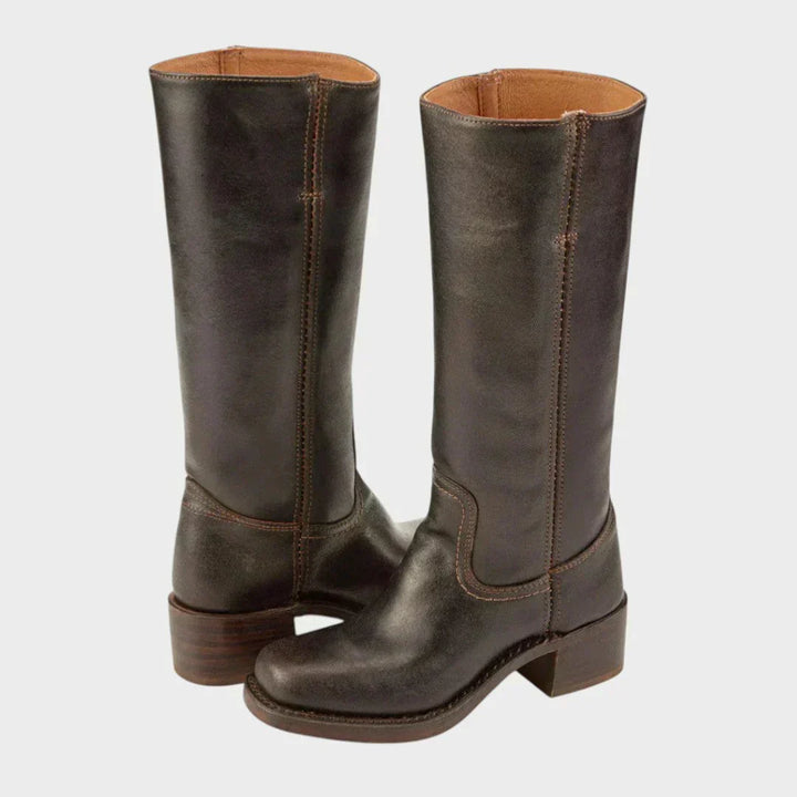 Zoey orthopedic boots, dark brown tall pull-on with elastic gore and block heel